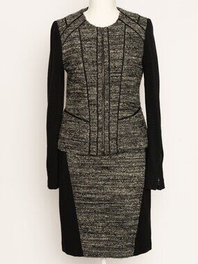 Ann Taylor Gray Black Marled Tweed Contrast Seamed Moto 2 Piece Suit Small